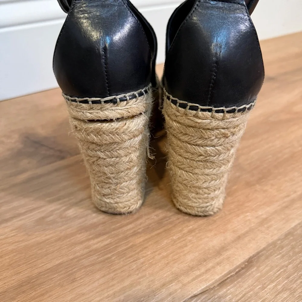 Marc Fisher MLANNIE Wedge Sandal Women 7.5 Black Leather Espadrille Platform